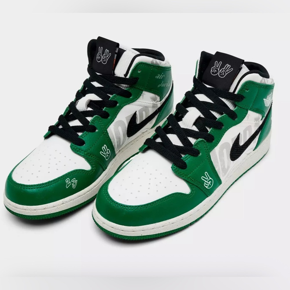 Nike Air Jordan 1 Mid GS Overbranded Pine Green Sail Black HF3199-300 Kids 3Y